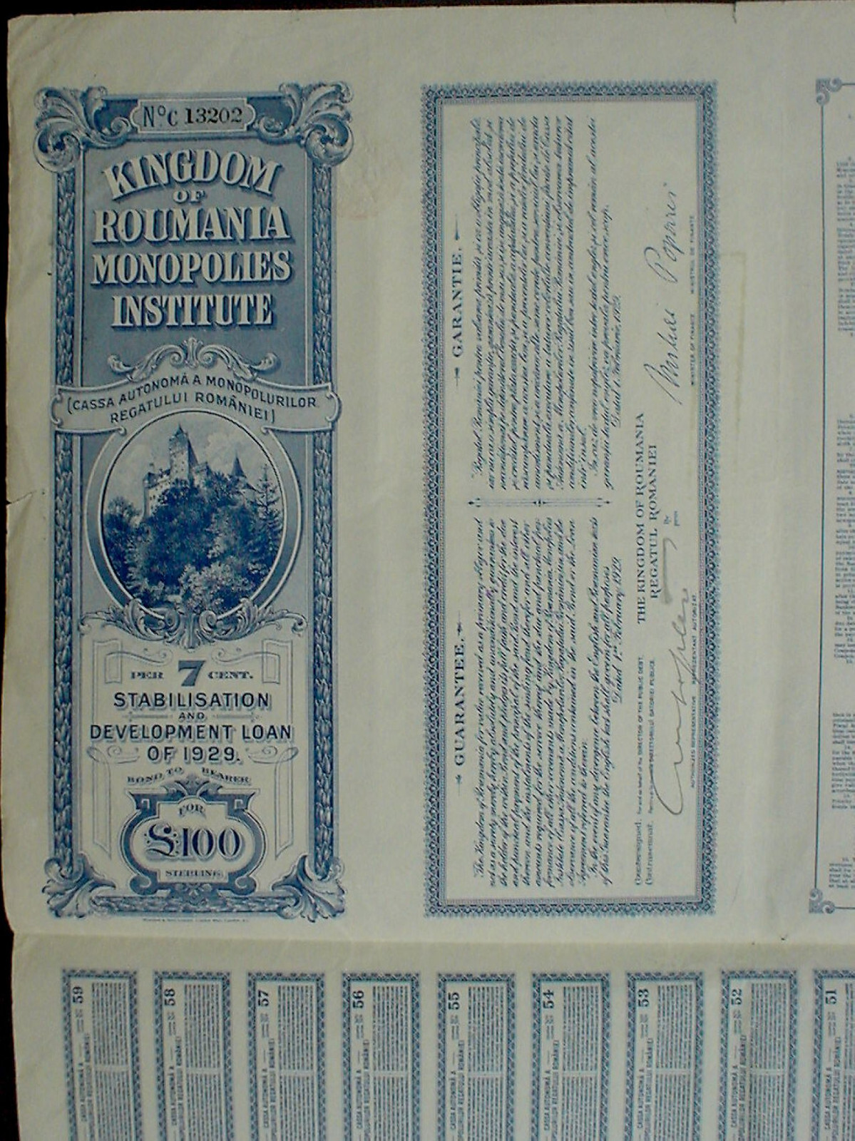 Kingdom of Romania 7% 100 £ Monopolies Inst. Bond to Bearer 1929 uncanc. coupons