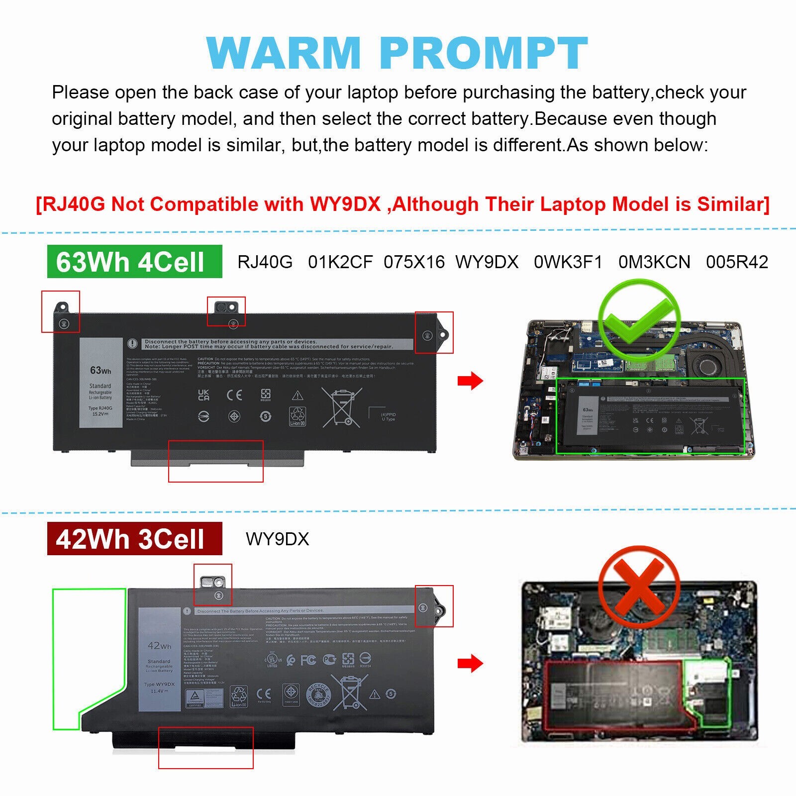 For Dell Latitude 5420 5520 Precision 3560 63Wh 4Cell Laptop Battery RJ40G M033W