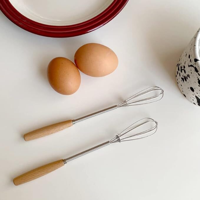 3Pcs Whisk With Solid Wood Handle Kitchen Mini Stainless Steel Egg Beater