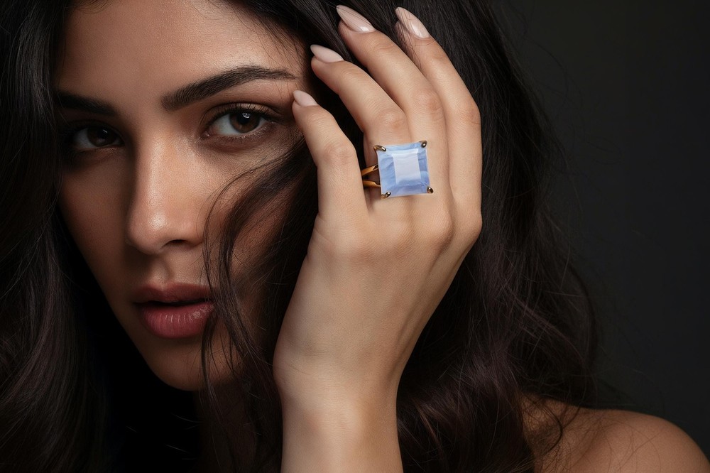 Blue Lace Agate Ring Anemone Handmade Square Cut 14k Gold Statement