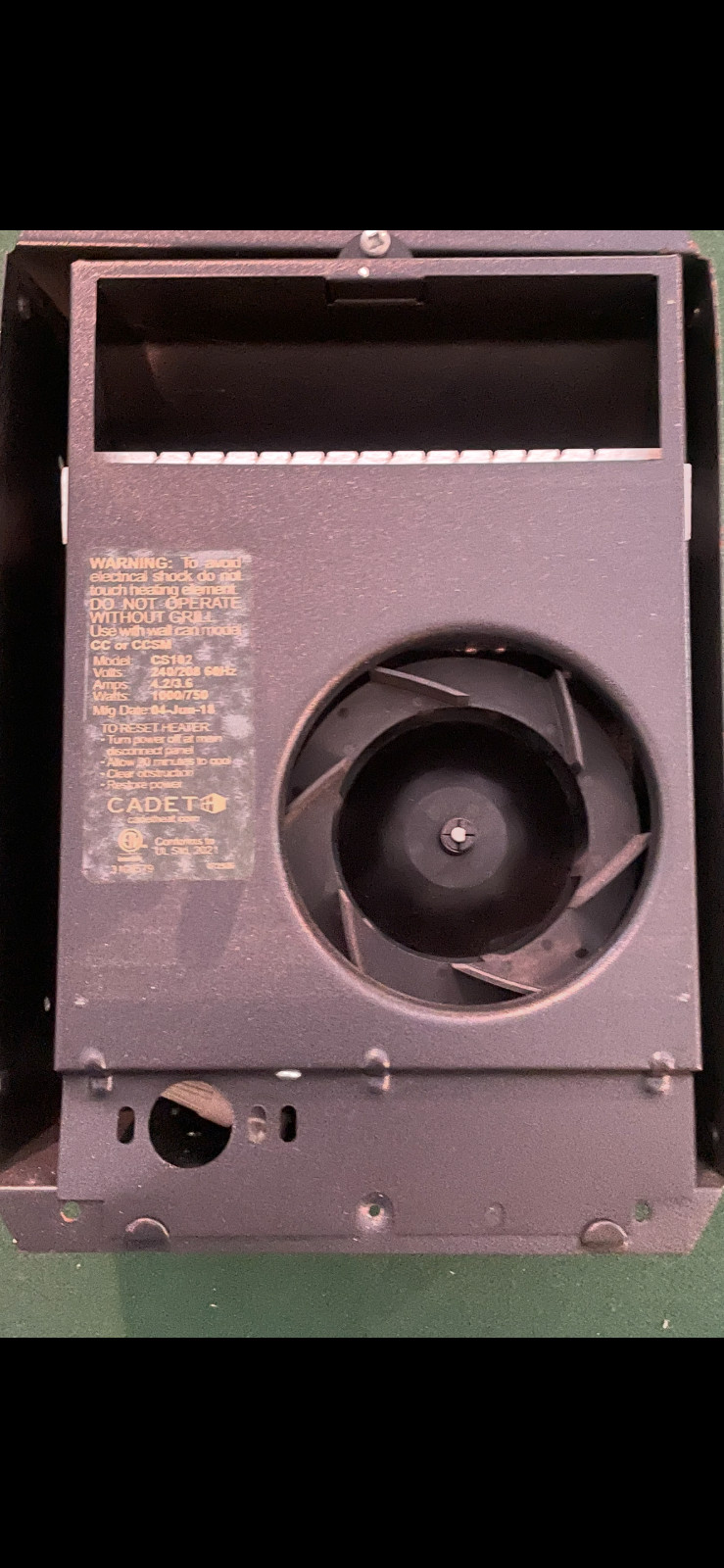 CADET CS102 WALL HEATER FAN-FORCE 240/208 VOLT, 1,000/750 WATT