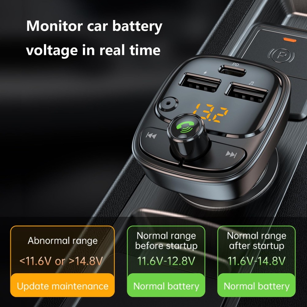 Bluetooth 5.3 FM Transmitter Car Adapter, Wireless Radio MP3 Small, Black