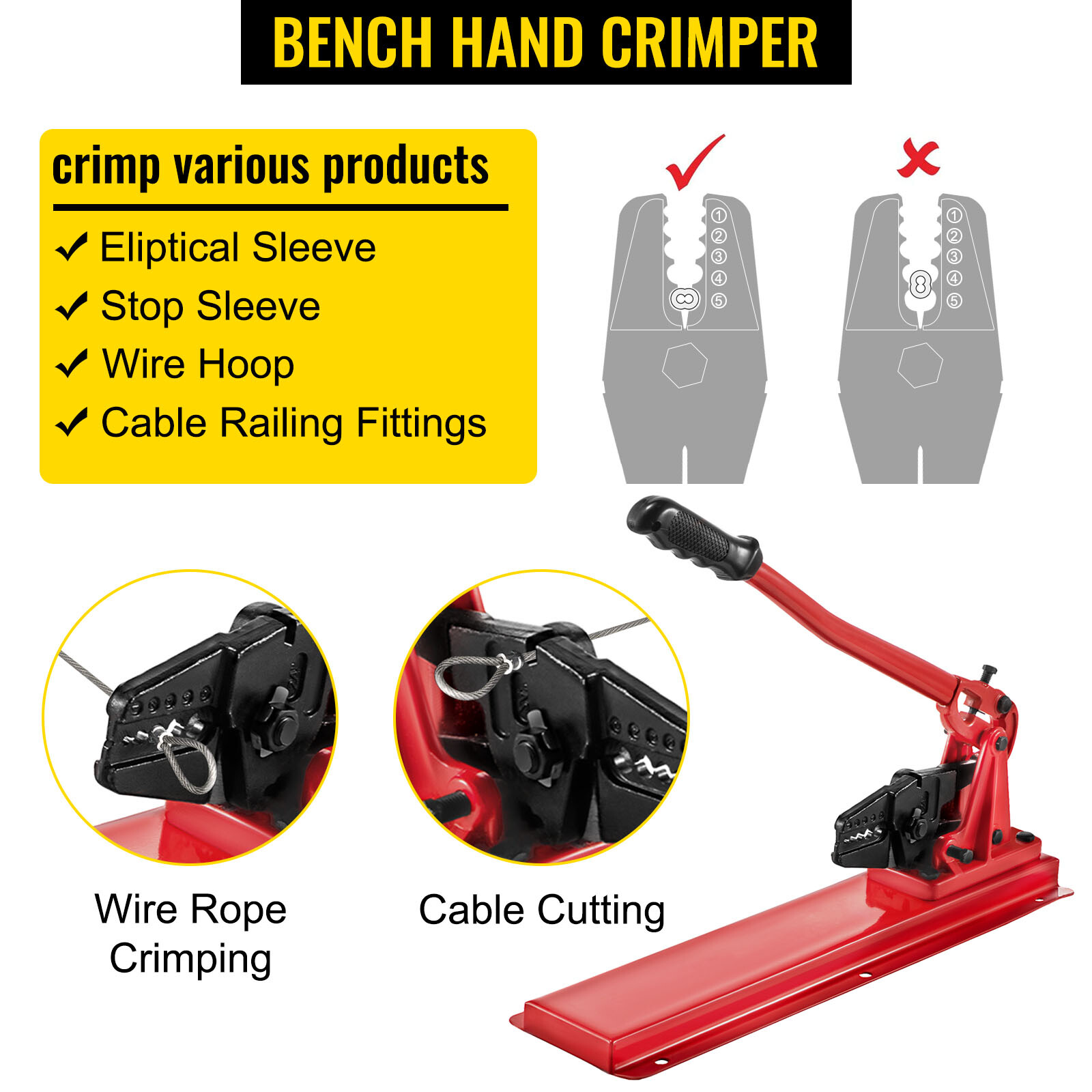 VEVOR 24" Bench Swaging Tool 3 in 1 Wire Rope Crimping Bolt & Cable Cutter Head