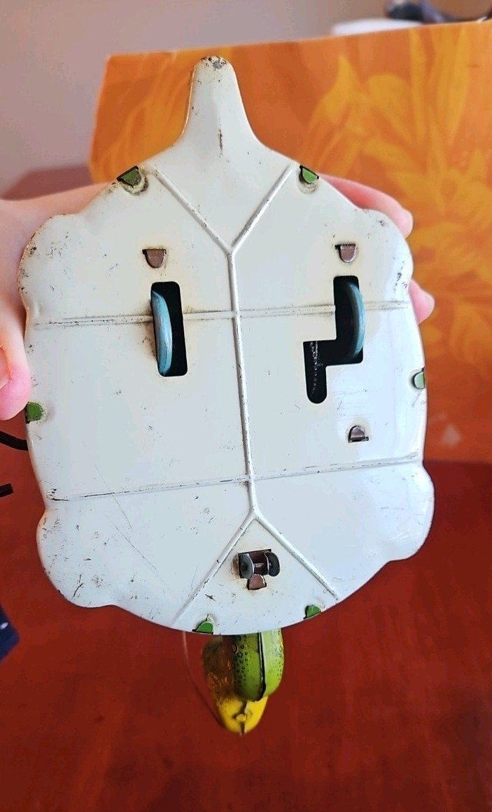 Vintage Antique Tin Toy Wind Up Chein Person Rides Giant Turtle Tortoise Display