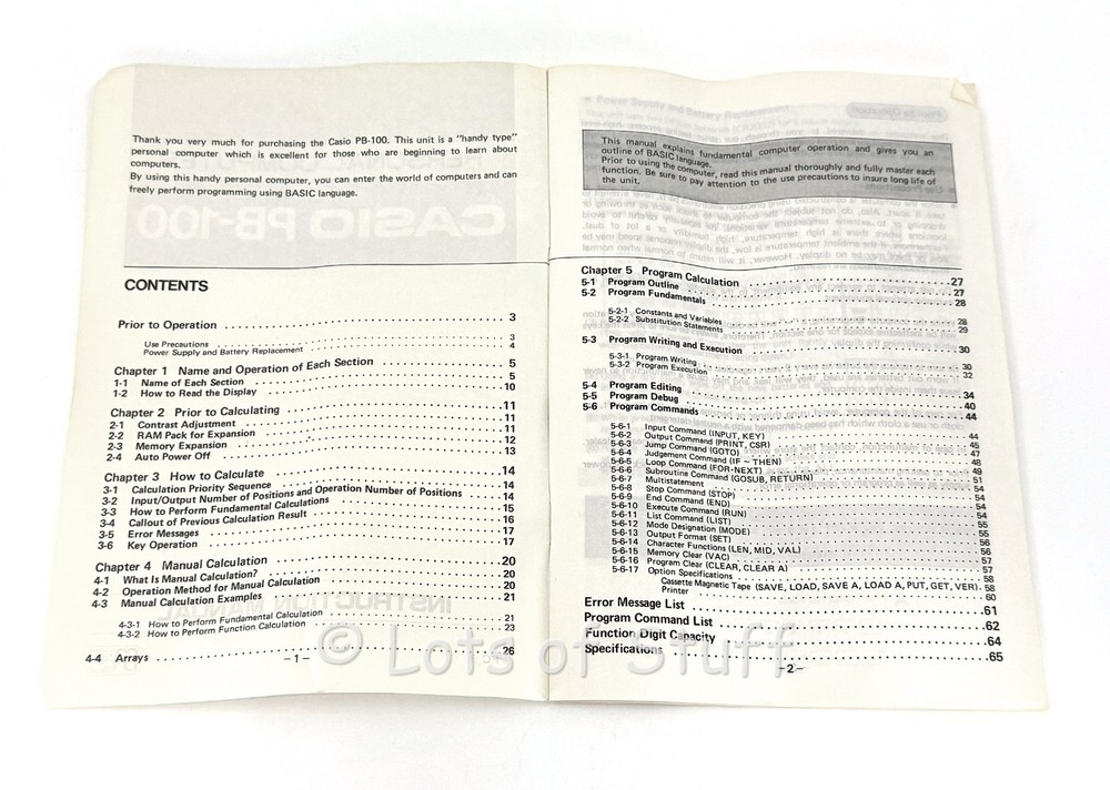 Vintage Casio PB-100 Personal Computer Case Manual Excellent Condition Tested