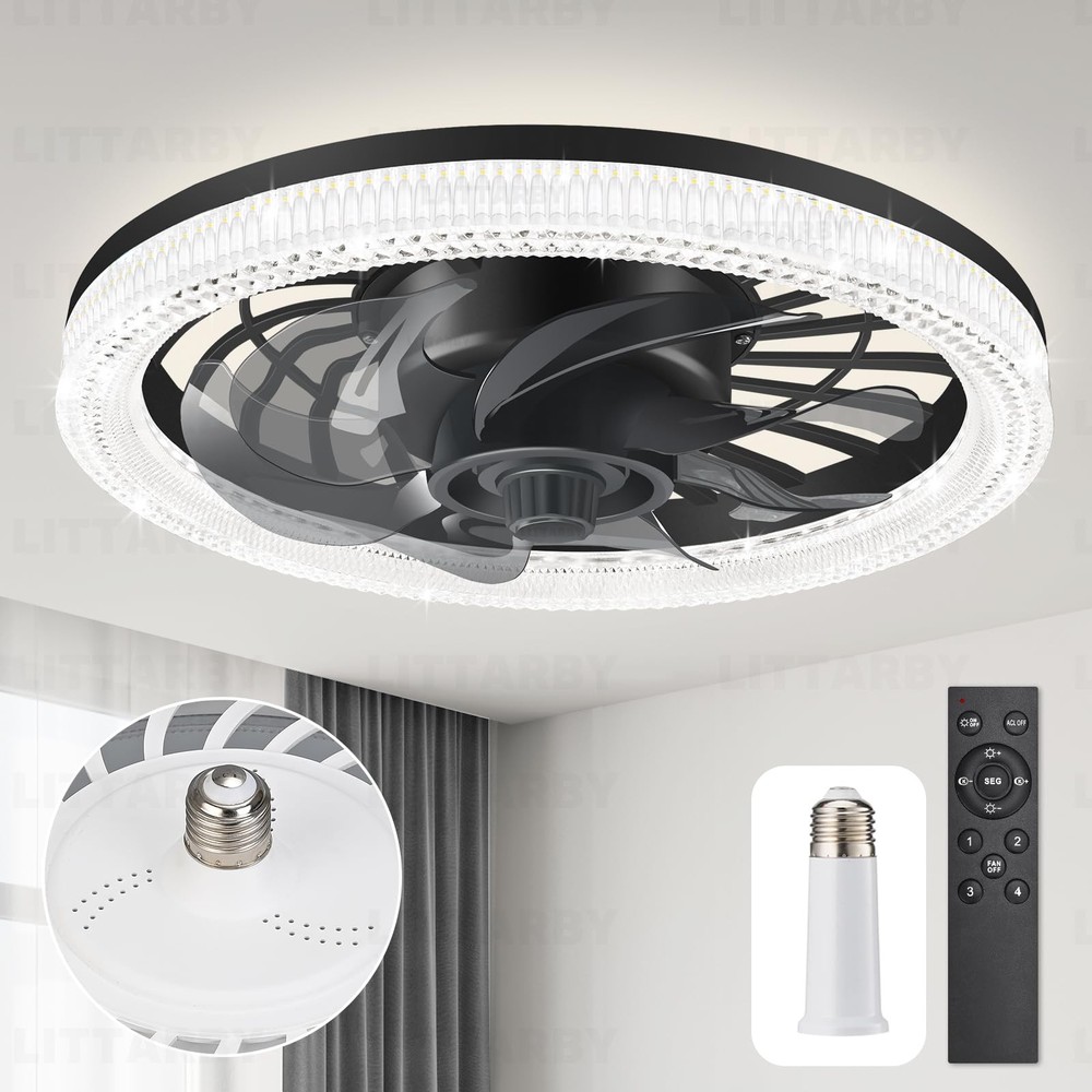 Ceiling Fans with Lights, Socket Fan Light Remote Control, Black-Large