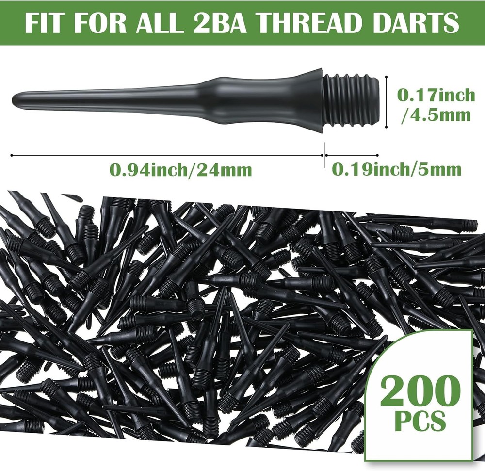 200-Pack 2BA Threaded Soft Tip Dart Tips, Plastic Replacement Dart Tips, Soft