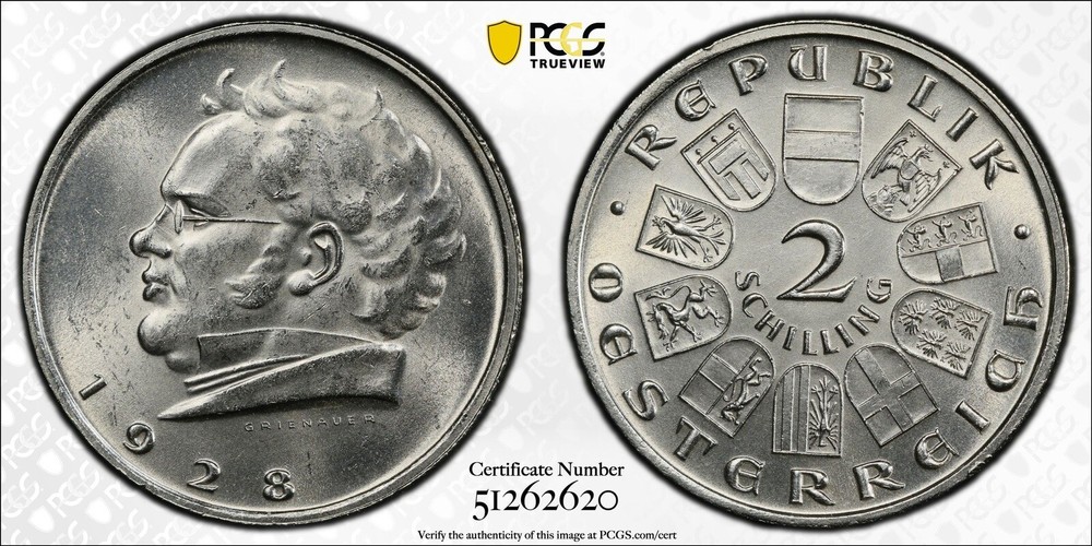 Austria 1928 2 Schilling Schubert Pcgs Ms63
