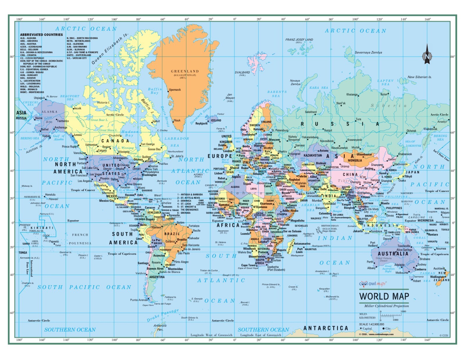 WORLD Wall Map Political Poster 22"x17" - LARGE PRINT Rolled Paper