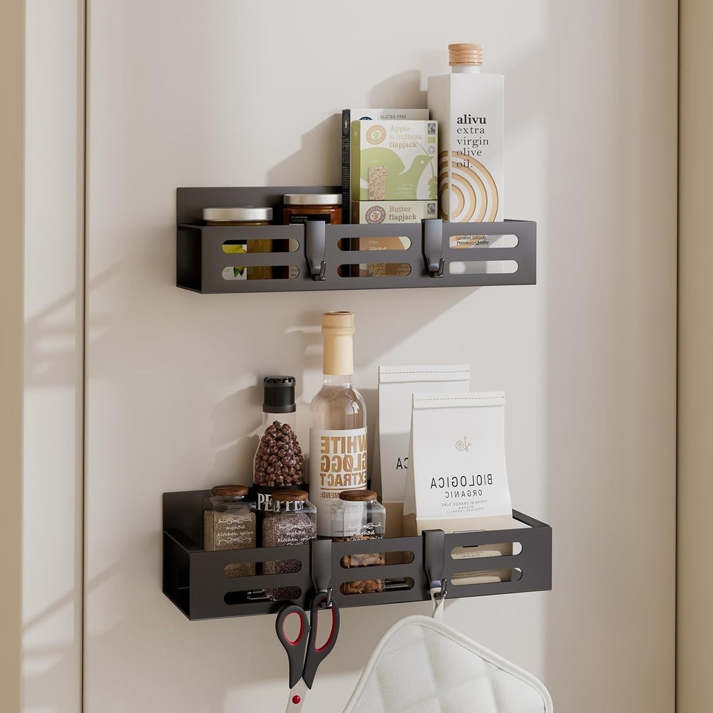 Sleek Black Magnetic Spice Storage Rack - Includes Hooks for Extra Convenience