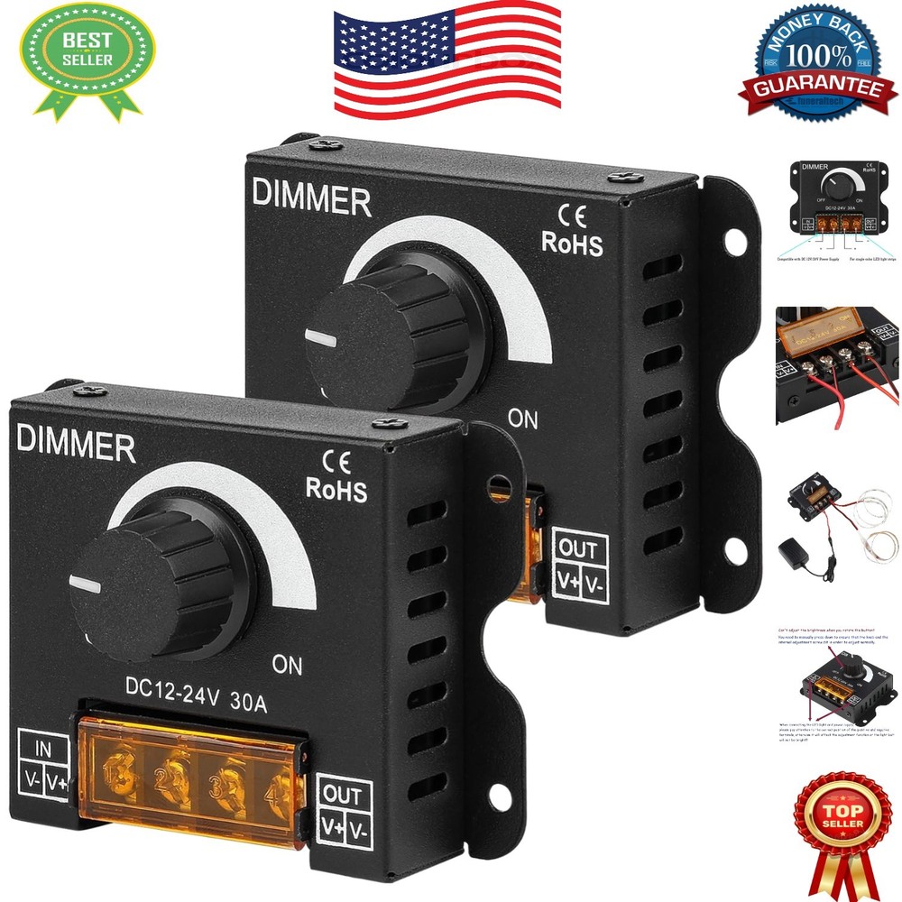30A PWM Dimming Controller for LED Strips - Adjustable Brightness Knob (2 Pack)