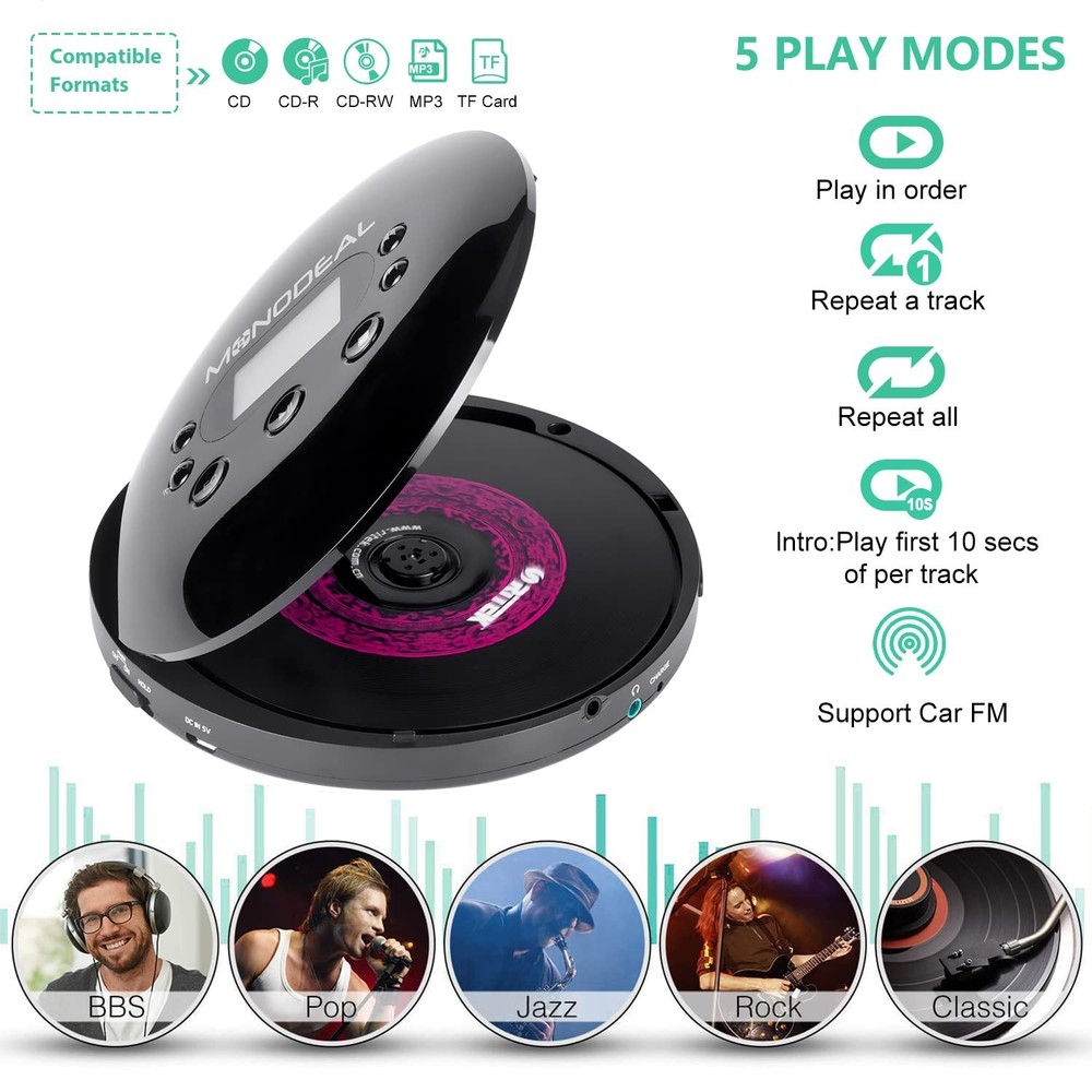 MONODEAL CD Player Portable, Portable CD Player with FM Transmitter, Recharge...