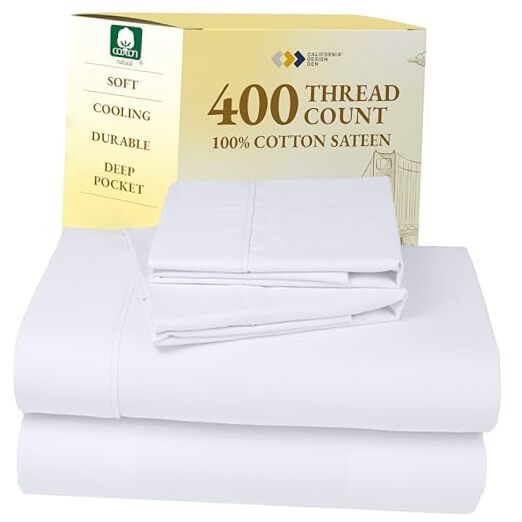 Natural 100% Cotton Sheets Size Bed Set - Soft 400 Thread Queen 01 - White