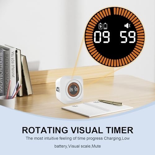 Rechargeable Rotating Pomodoro Timer - Custom Countdown 5/10/25/50 Min, ADHD Stu