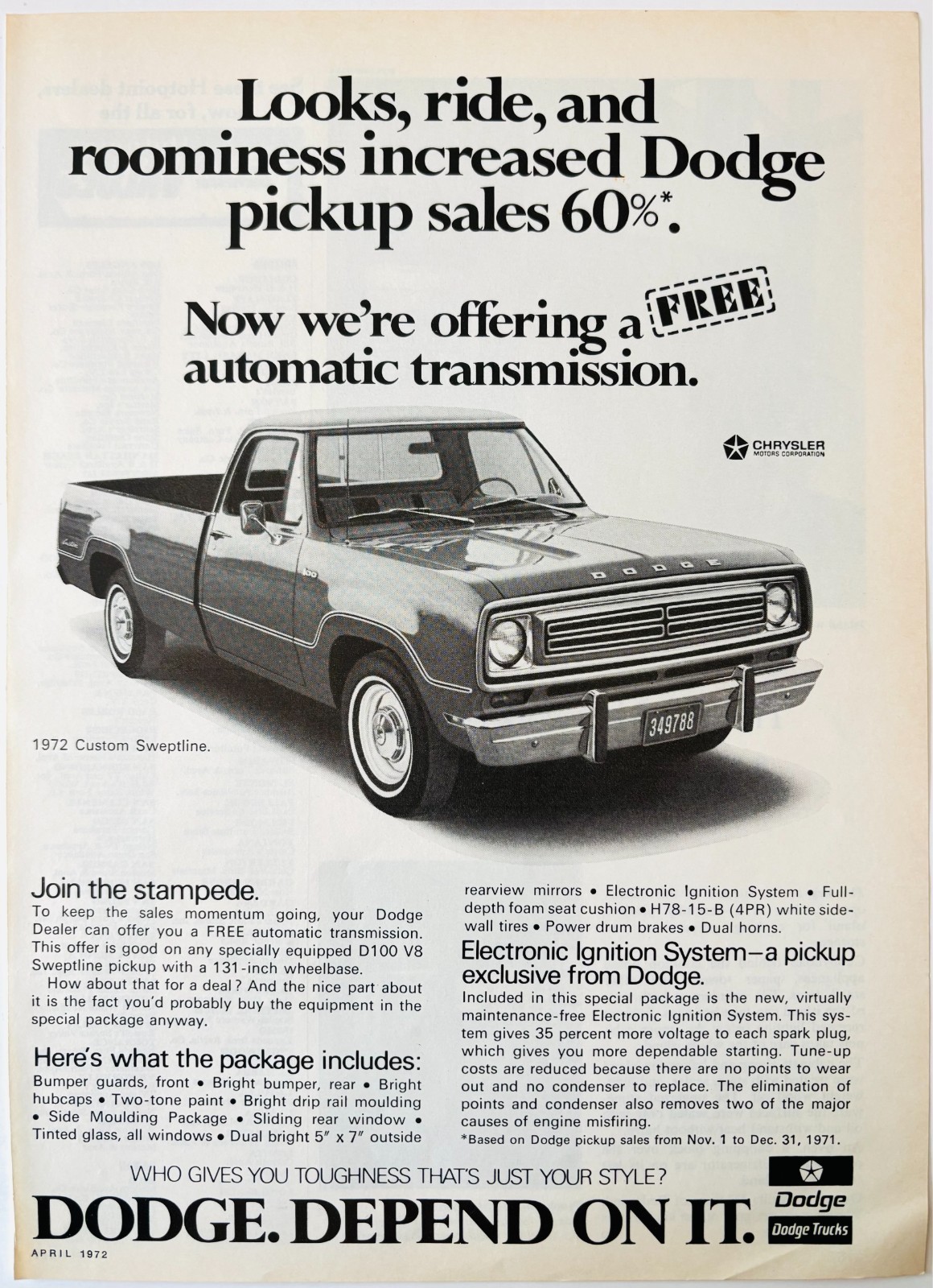 1972 Dodge Custom Sweptline D100 Pickup Advertisement Vintage Automobile DWW10E