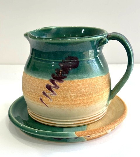vintage handmade studio pottery PITCHER with PLATE SIGNED
