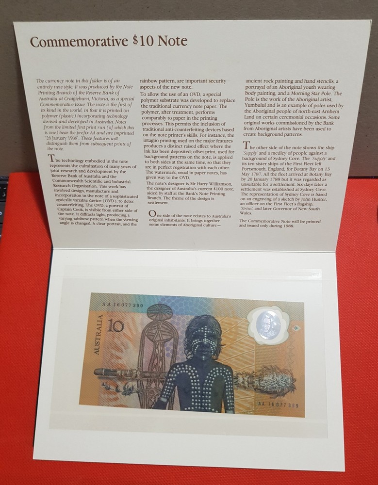1988 AUSTRALIAN  $10 FRASER/JOHNSTON FIRST POLYMER NOTE INV. FOLDER AA 16 077399