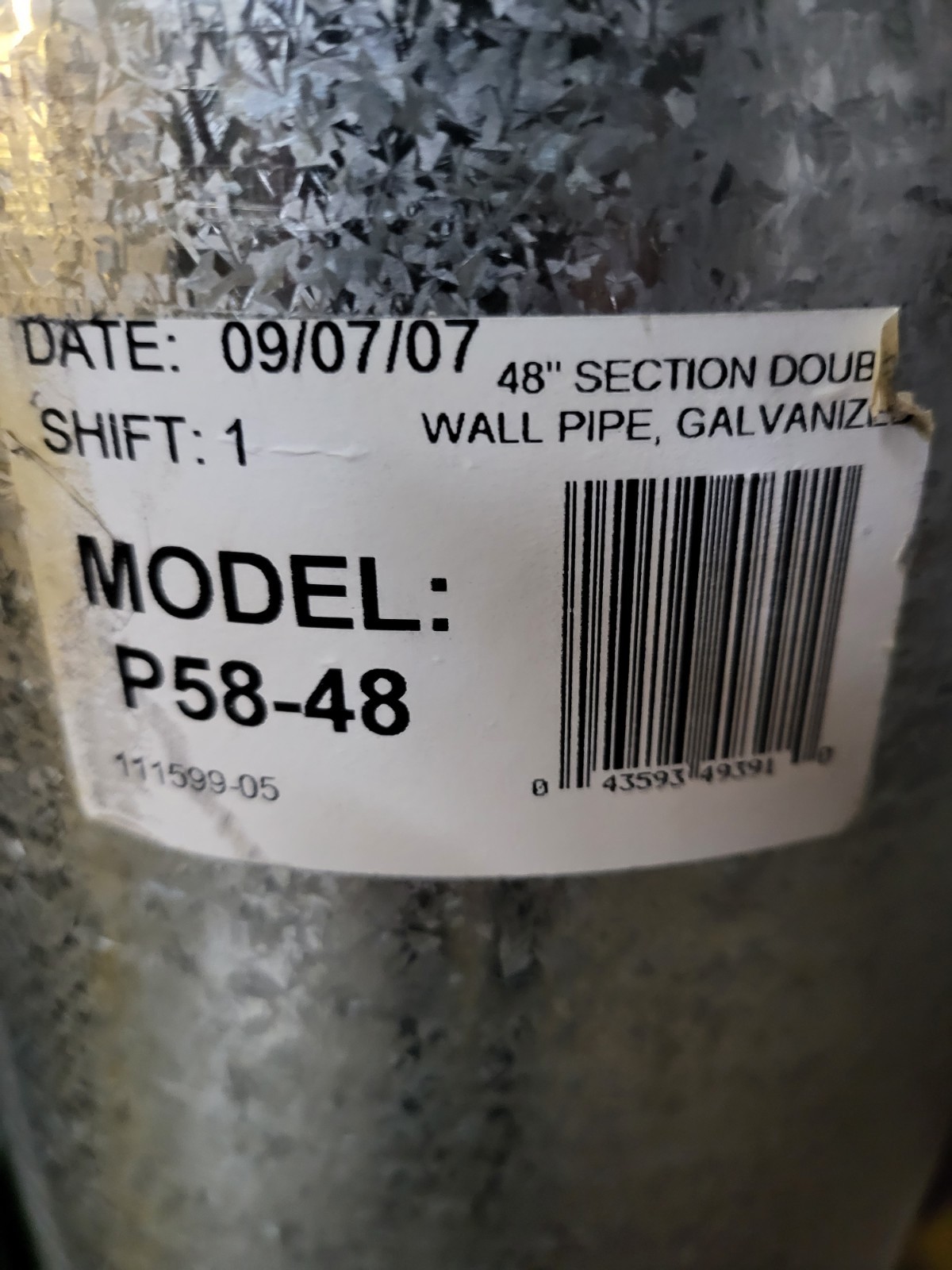 NEW*HIGH TEMPERTURE*48" SECTION*DOUBLE WALL GALV. PIPE*MODEL P58-48*5"x8" Diam.