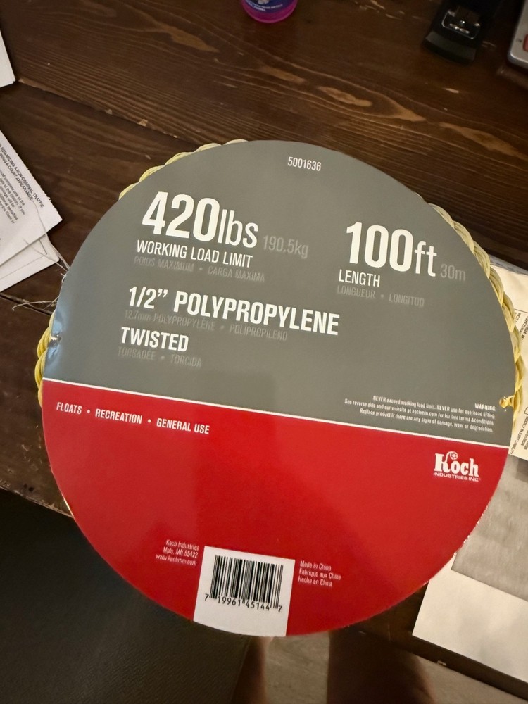 1/2 100ft Yellow Twisted Poly Floatable Rope-Corrosion Resistant UV Resistant