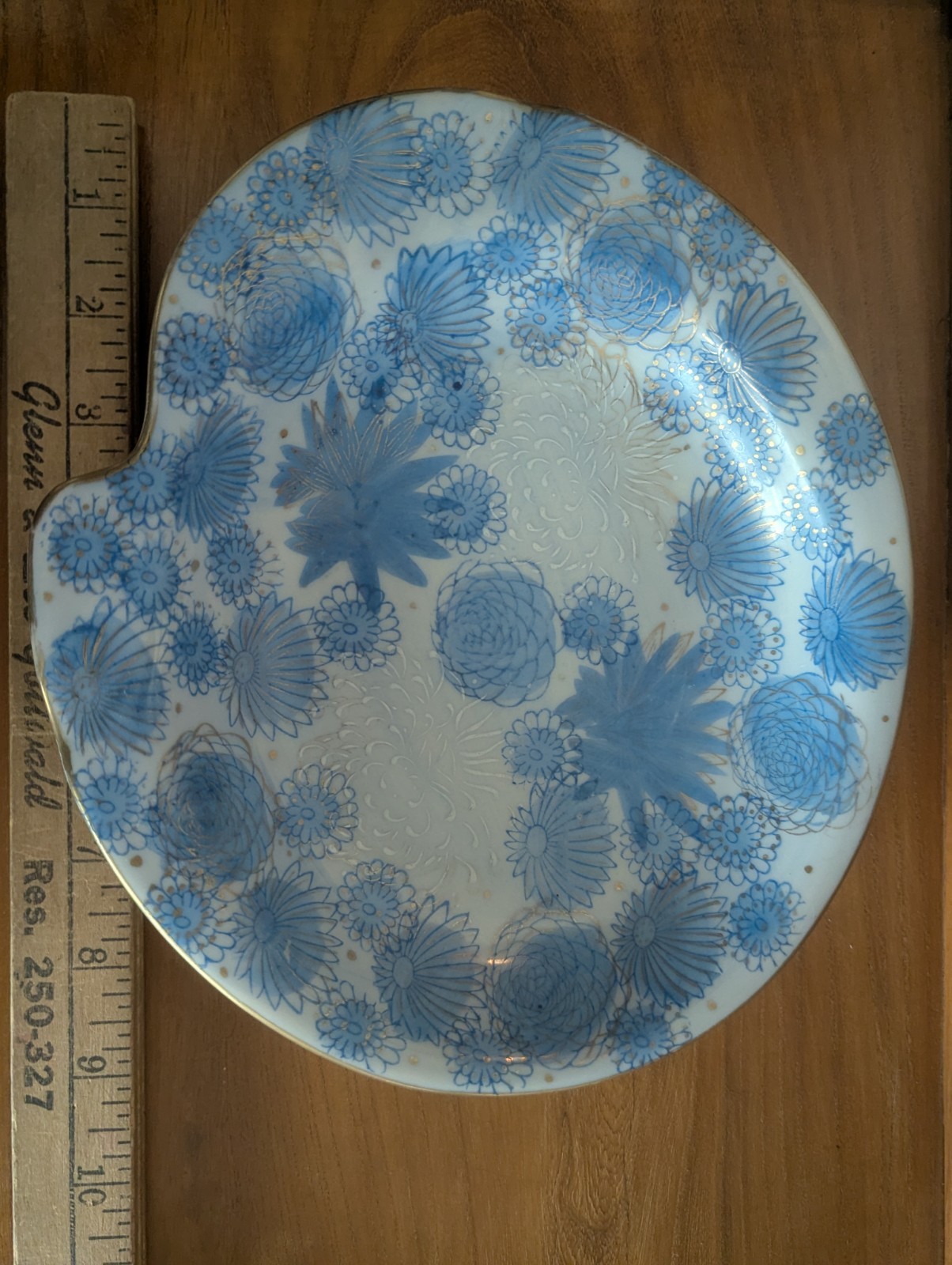 Vtg Kutani Gold Chrysanthemum Flower Japan Blue Trinket Dish Ashtray MCM Art