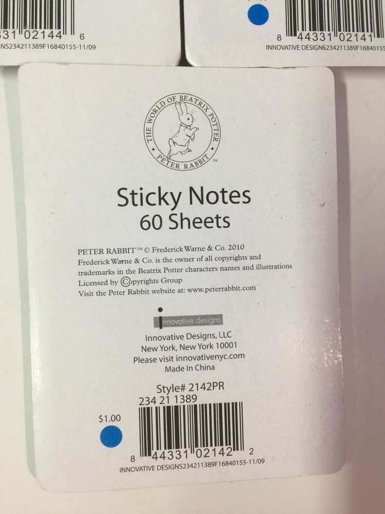 Qty 3) Beatrix Potter Peter Rabbit Sticky Note Pad 3X3” * 60 Sheets each