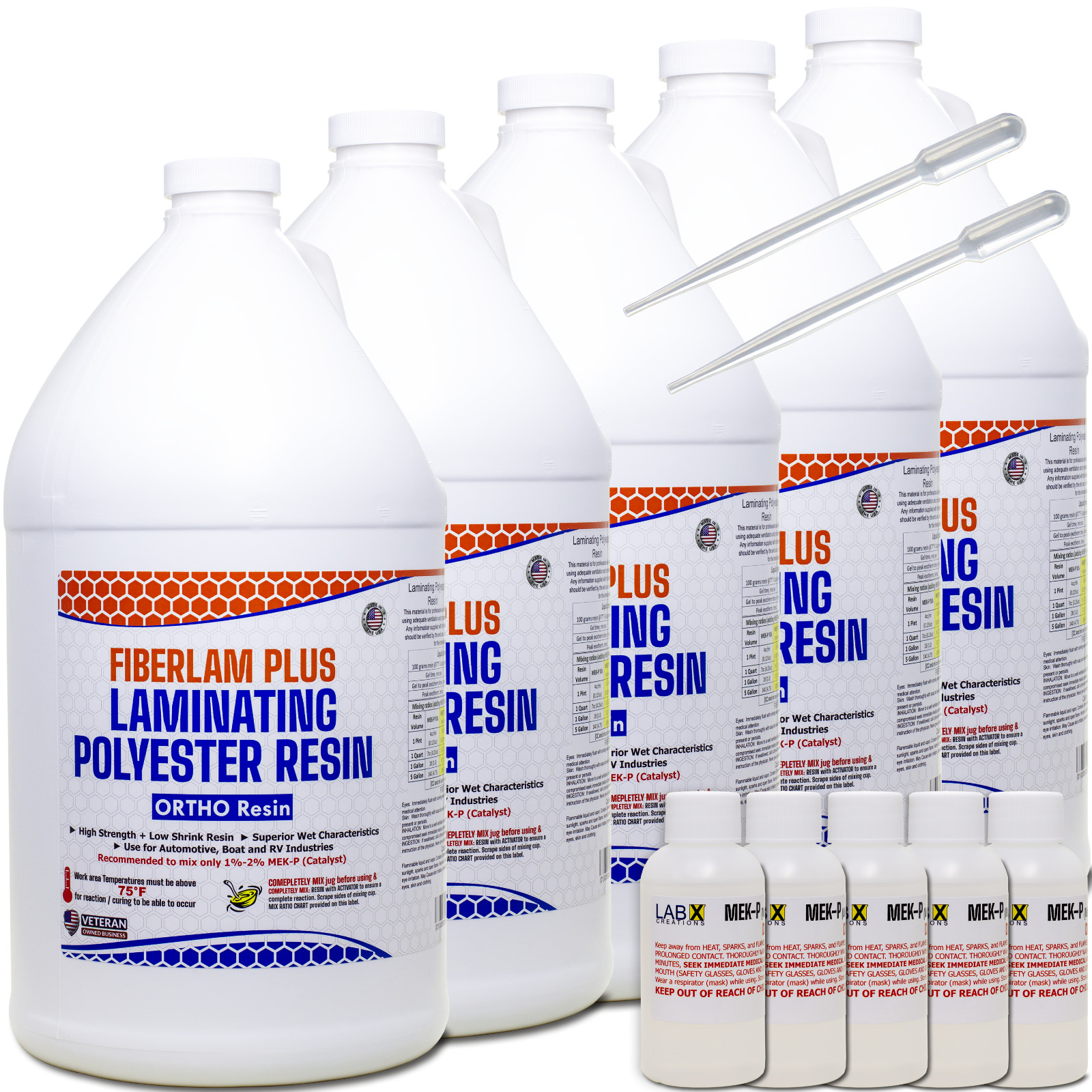 FIBERLAM PLUS FIBERGLASS RESIN 5 Gallon +MEKP (Laminating cloth, CSM, biaxial)