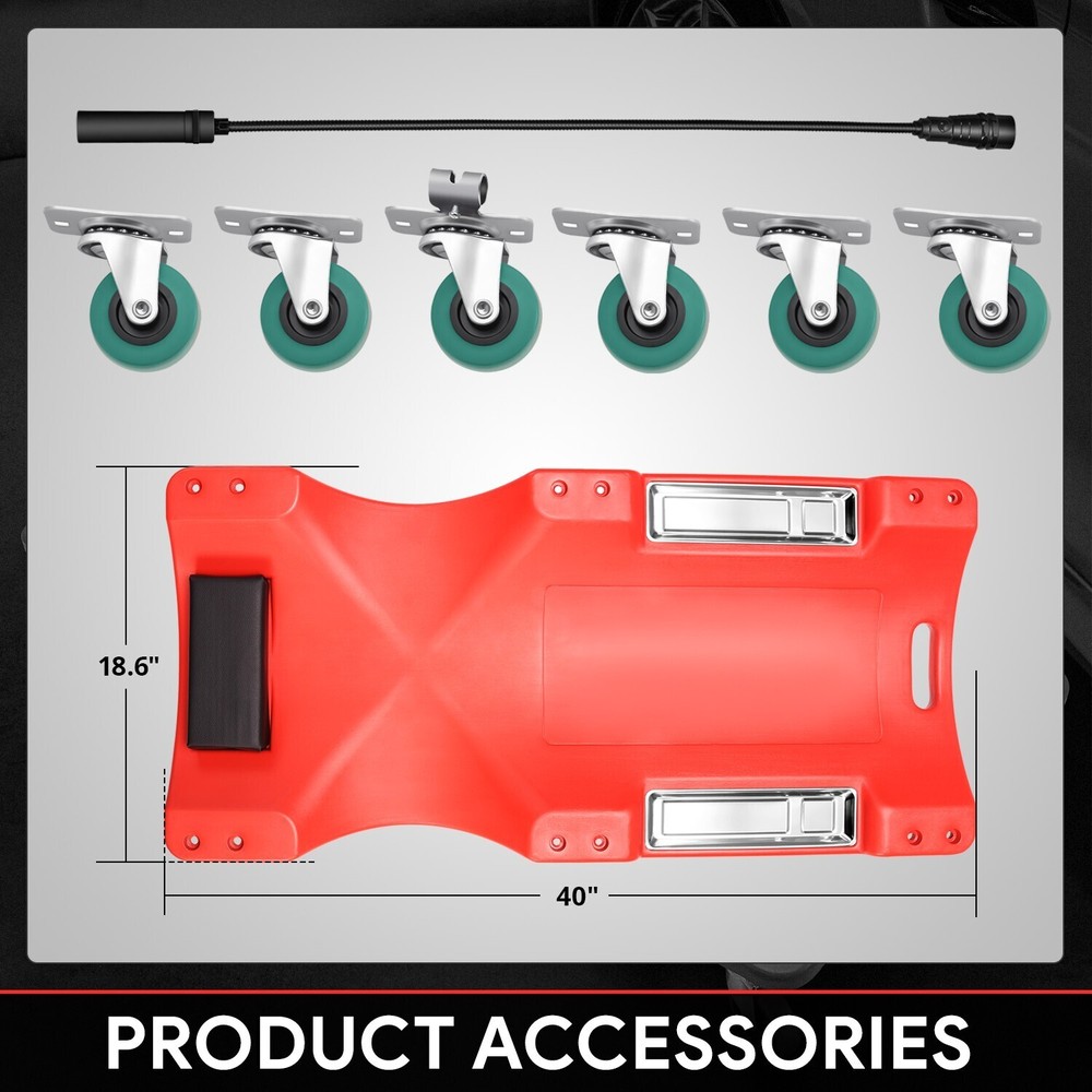 Red 40" Pockets Workshop Plastic Floor Creeper With Swivel Casters+Portable Side