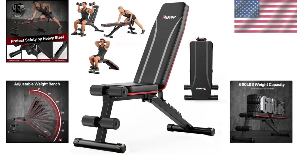 Adjustable Weight Bench 660 lb Capacity - Foldable for Comfortable Home Workouts
