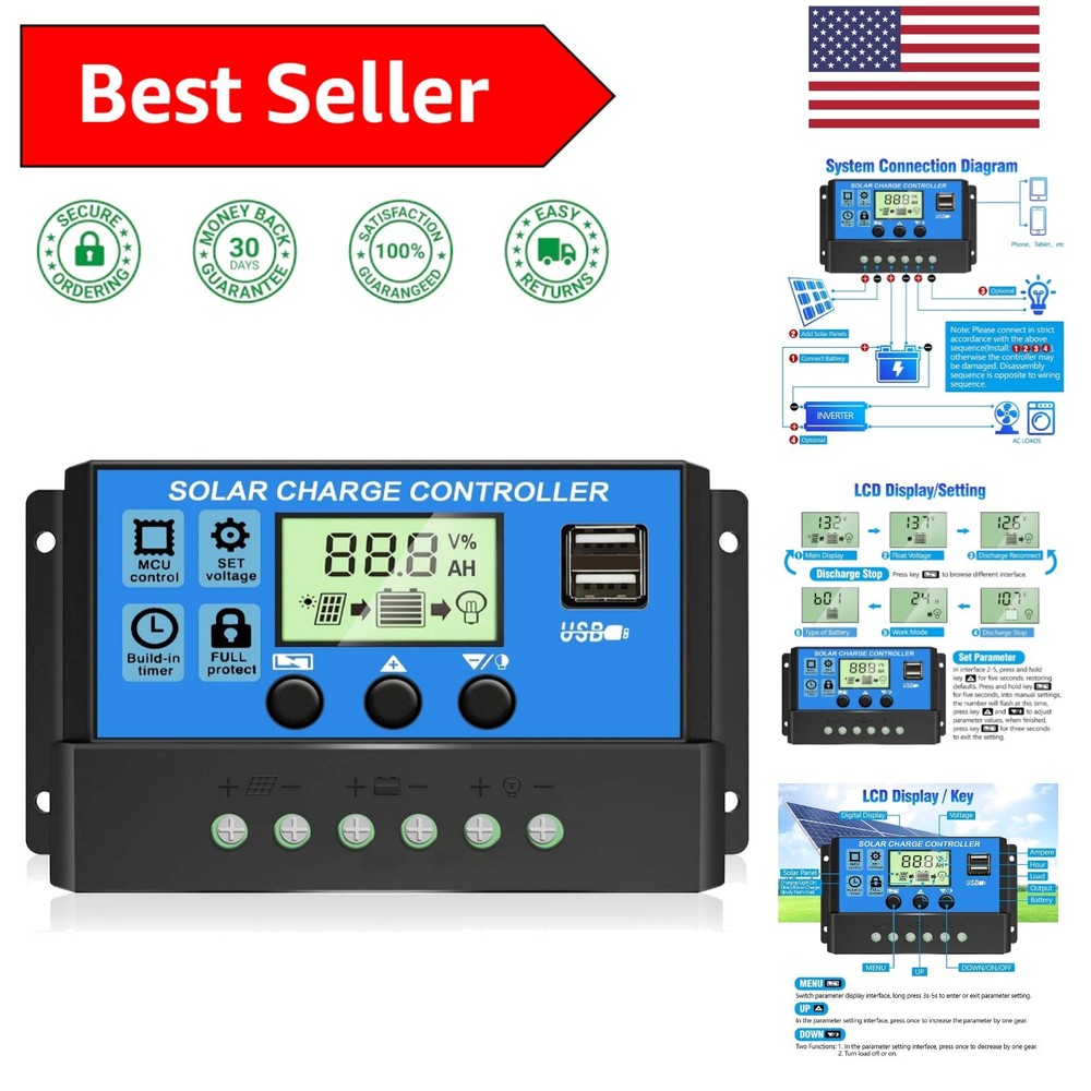 30A Solar Panel Regulator with Intelligent LCD Display & Dual USB Charging