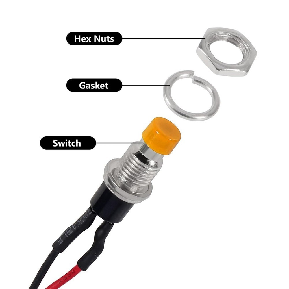 12 Pack 7mm Push Button Switch, Prewired, On/Off, 2 Pole, Round, 2066