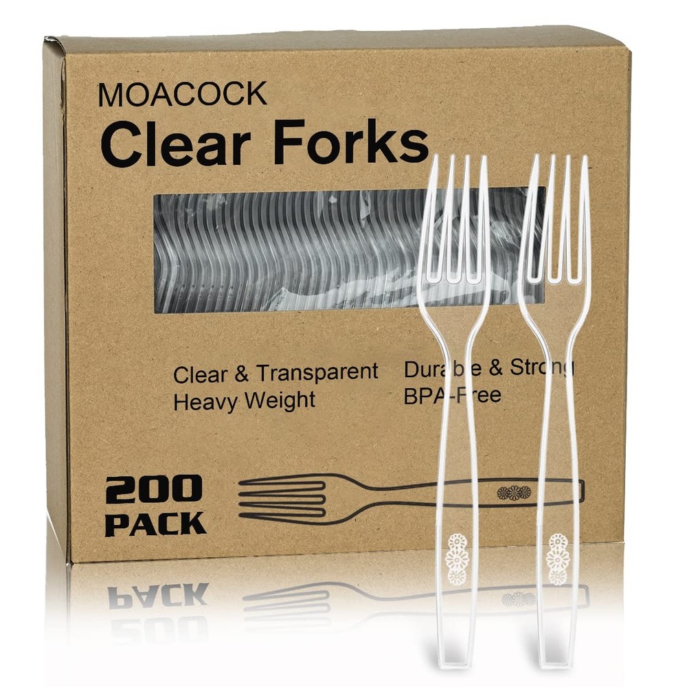 MOACOCK 200 Count Clear Disposable Plastic Forks, Heavy Weight