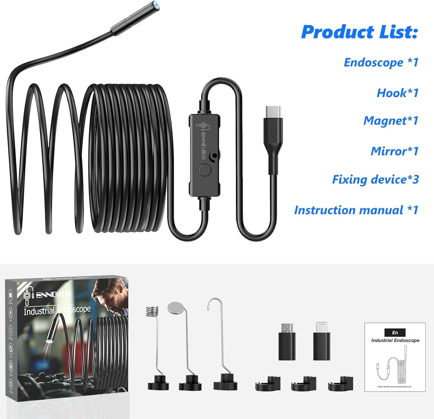 🔥 Endoscope Camera with Light, 1920P HD Borescope Camera 8 LED Light 16.4ft