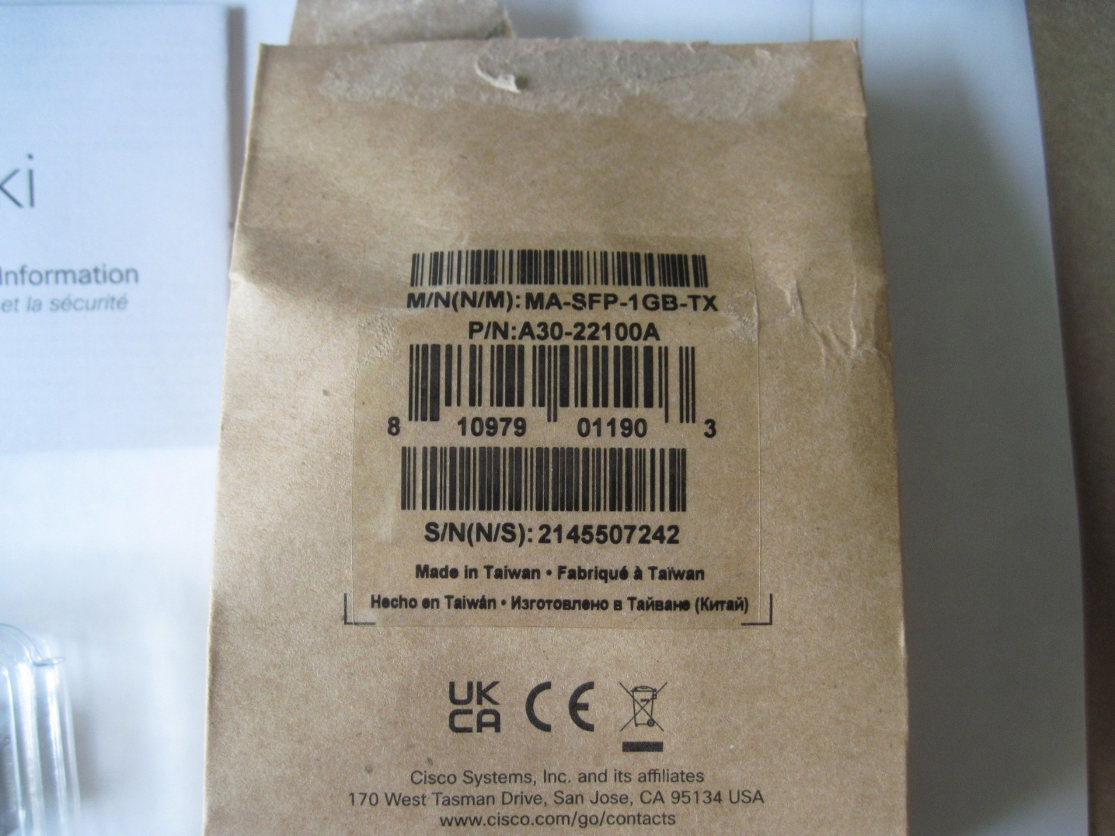 Cisco Meraki MA-SFP-1GB-TX 1GBE SFP Copper Transceiver Module, NEW SEALED PKG