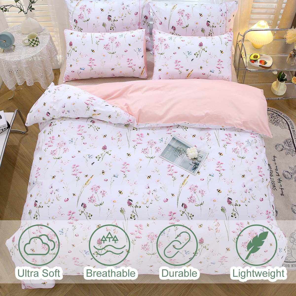 Pink Floral Duvet Cover Set Queen Size 100% Cotton 3 Piece Romantic Garden Fl...