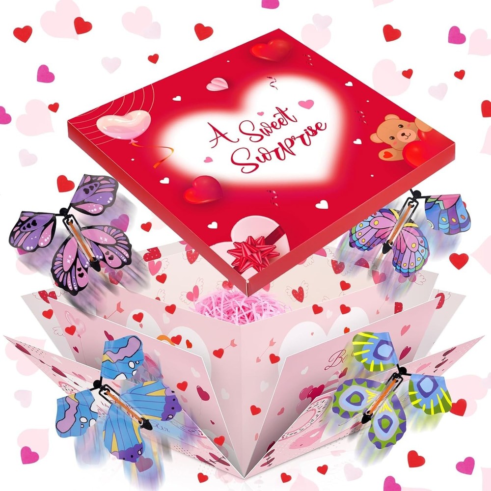 Valentine's Exploding Gift Box with Flying Butterflies and Heart Confetti