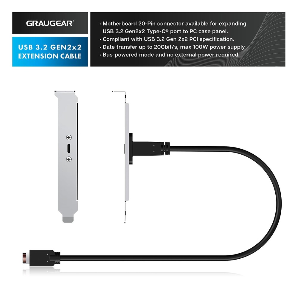 GRAUGEAR 20Gbps USB 3.2 Gen 2x2 USB-C Front Panel Type-C Adapter, Silver