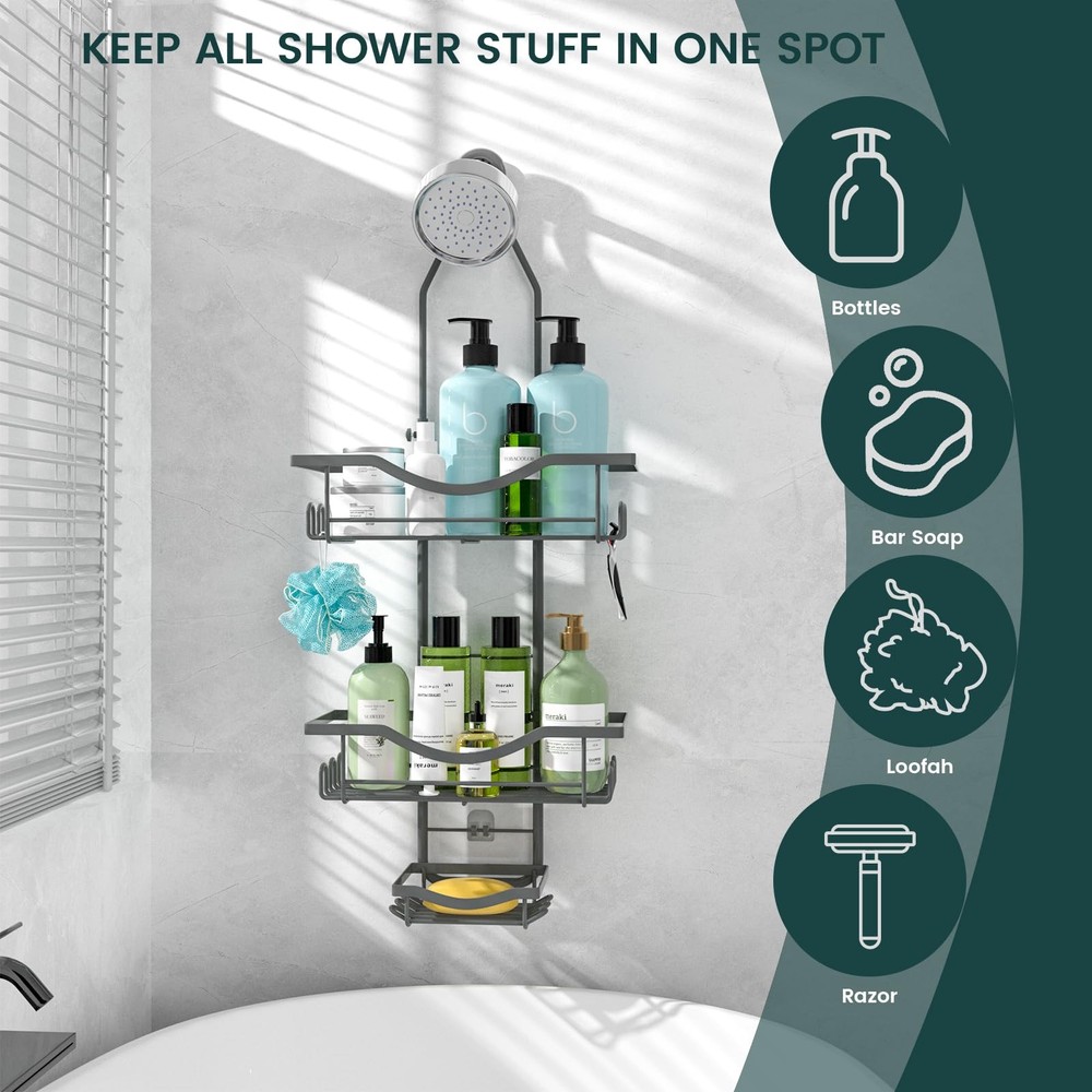 Shower Caddy Hanging Adjustable, Extended Length Rustproof Shower Caddy Over ...