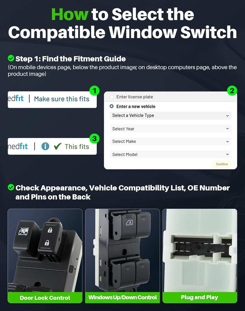 2007-2019 for Nissan Frontier Left Driver Side Power Window Switch – Compatible