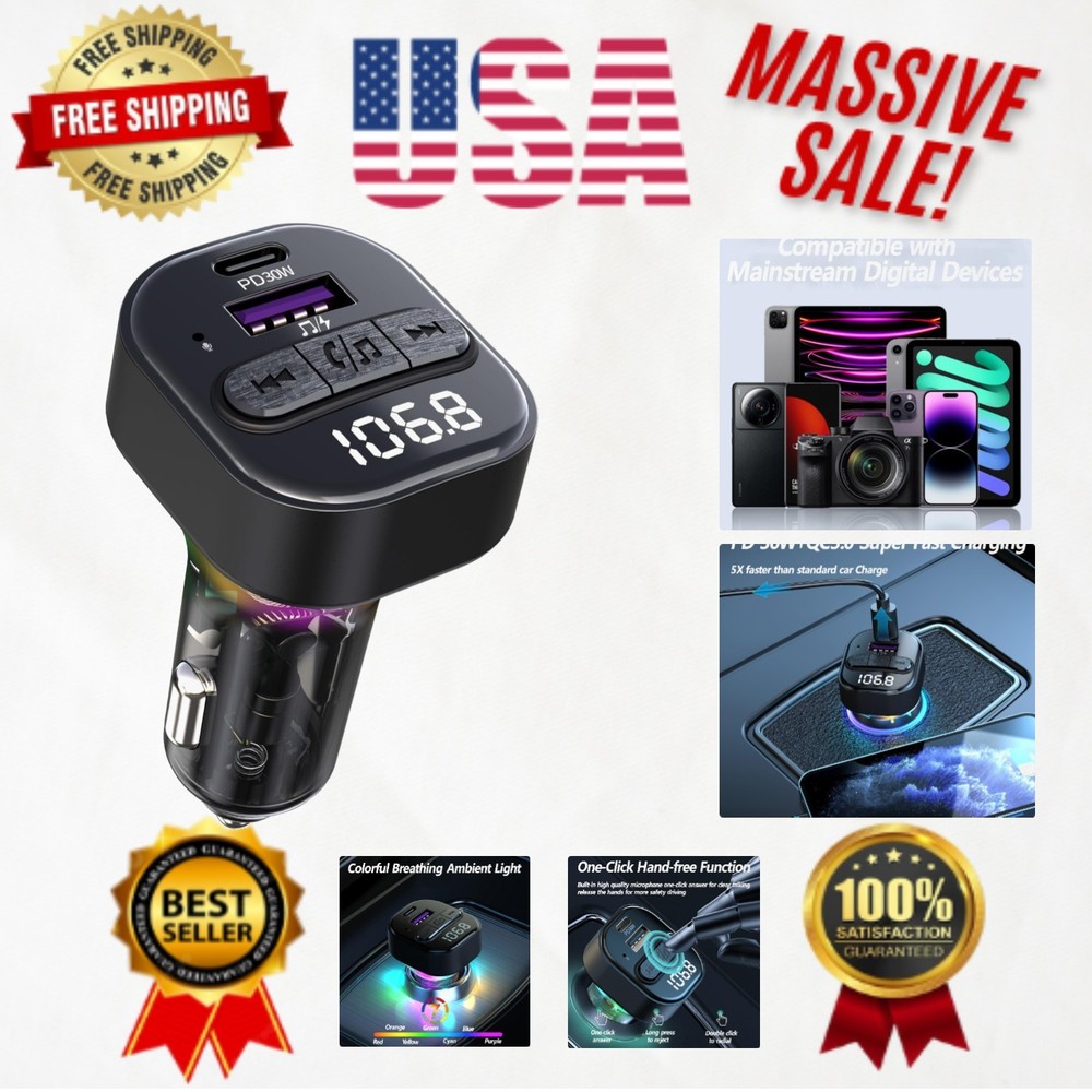 High-Fidelity Bluetooth FM Transmitter with USB Charger & Noise-Canceling Mic