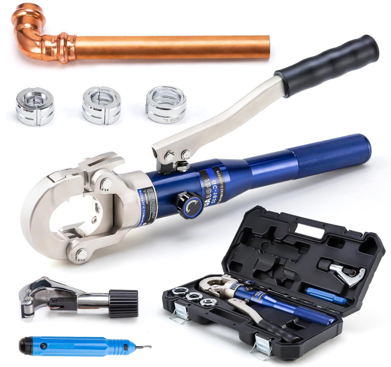 Prensadora hidráulica para tubos de cobre 1/2–1", con mordazas y cortatubos