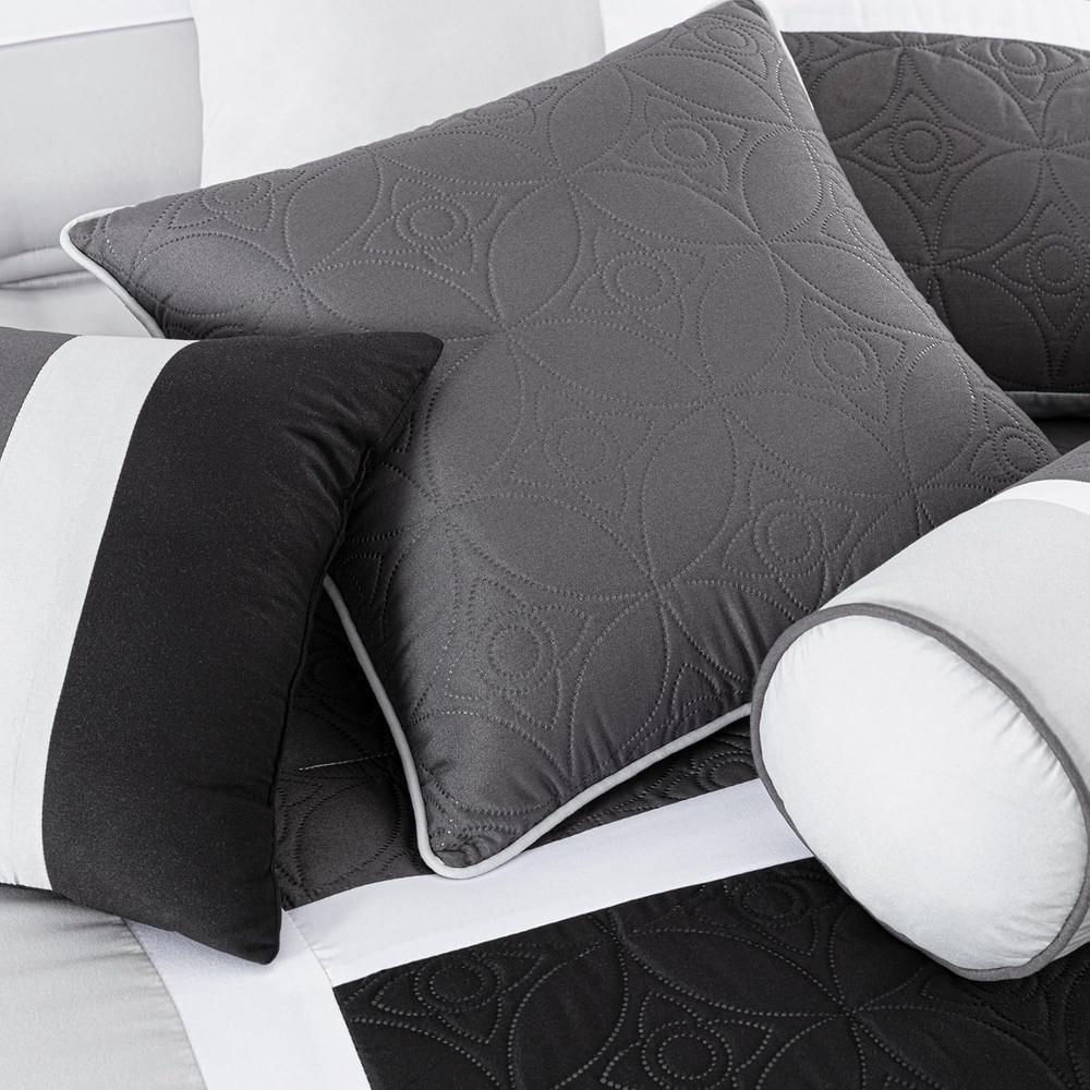 Upland 7-Piece Quilted Patchwork Comforter Set, Black/Gray/Light Gray, Queen