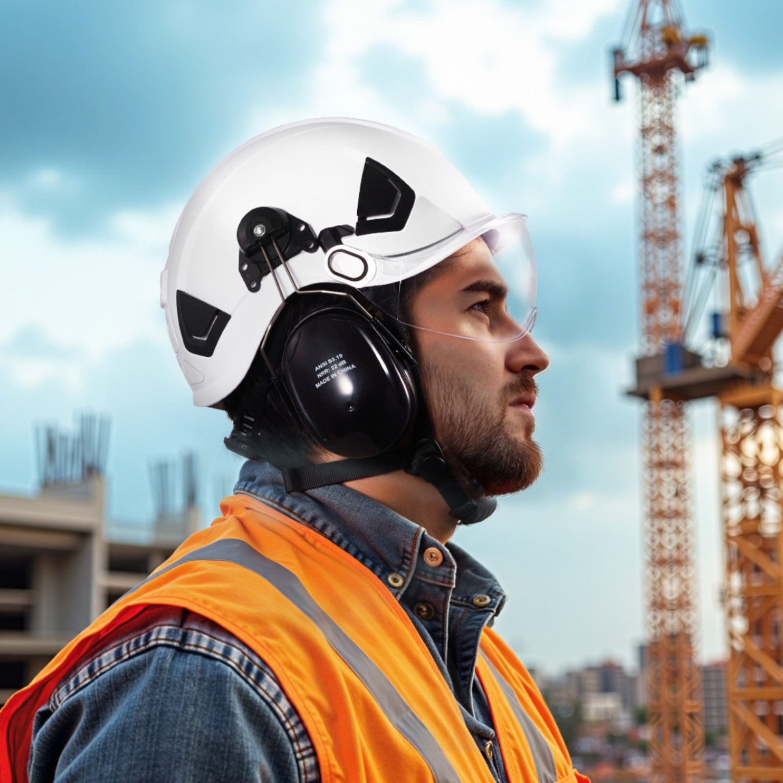 VEVOR Industrial Safety Helmet with Visor and Earmuffs Adjustable Vented Hardhat