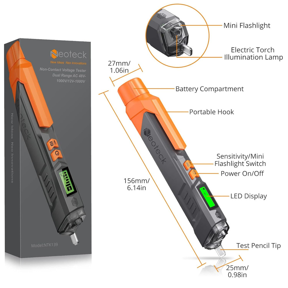 Non-Contact Voltage Tester 12-1000V Adjustable Sensitivity LCD Buzzer Live Wire