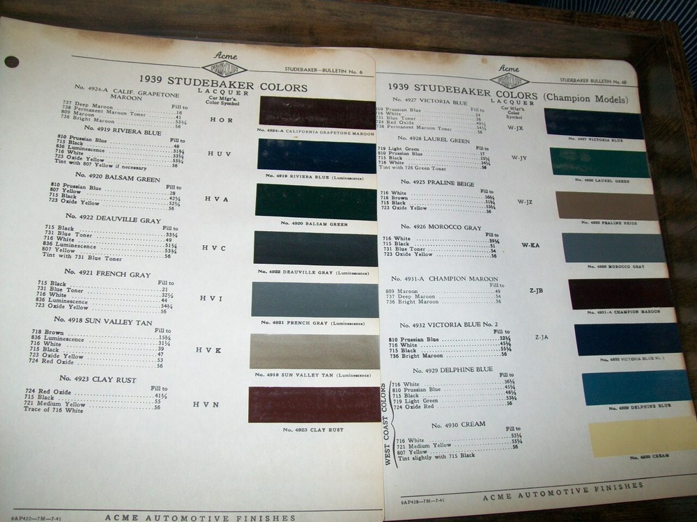 1939 Studebaker Champion Acme car auto Paint Chips- Very Good