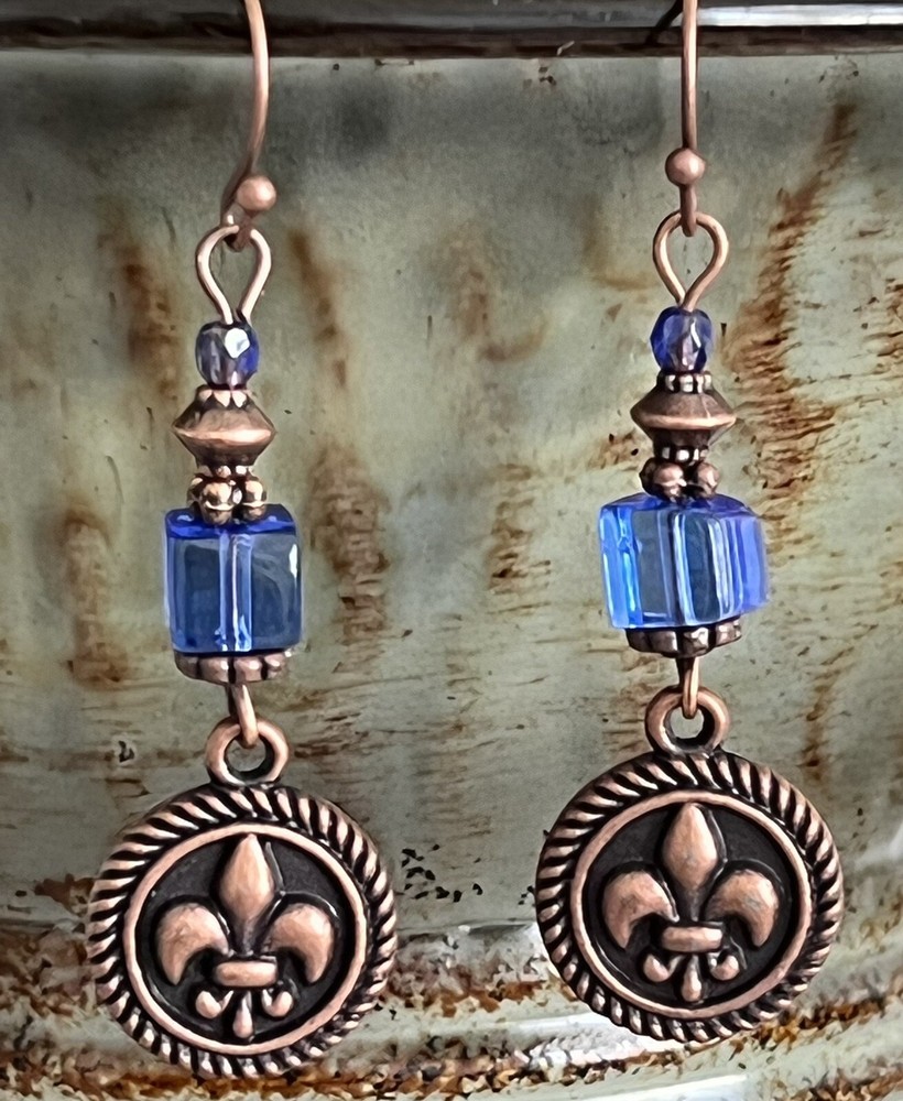 Blue and Copper Tone Fleur-de-Lis Dangle Earrings.