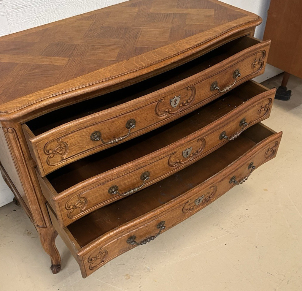 Antique French Provincial Louis XV Oak Three Drawer Chest Bedside Table