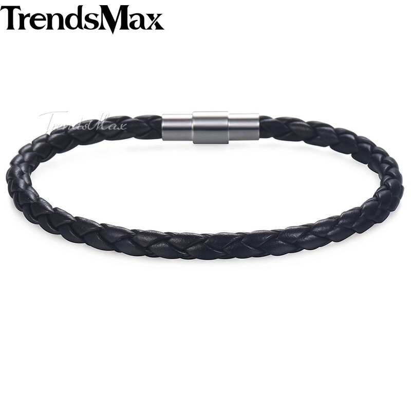 4mm Black Braided Cord Rope Leather Bracelet Unisex Mens Stainless Steel Clasp