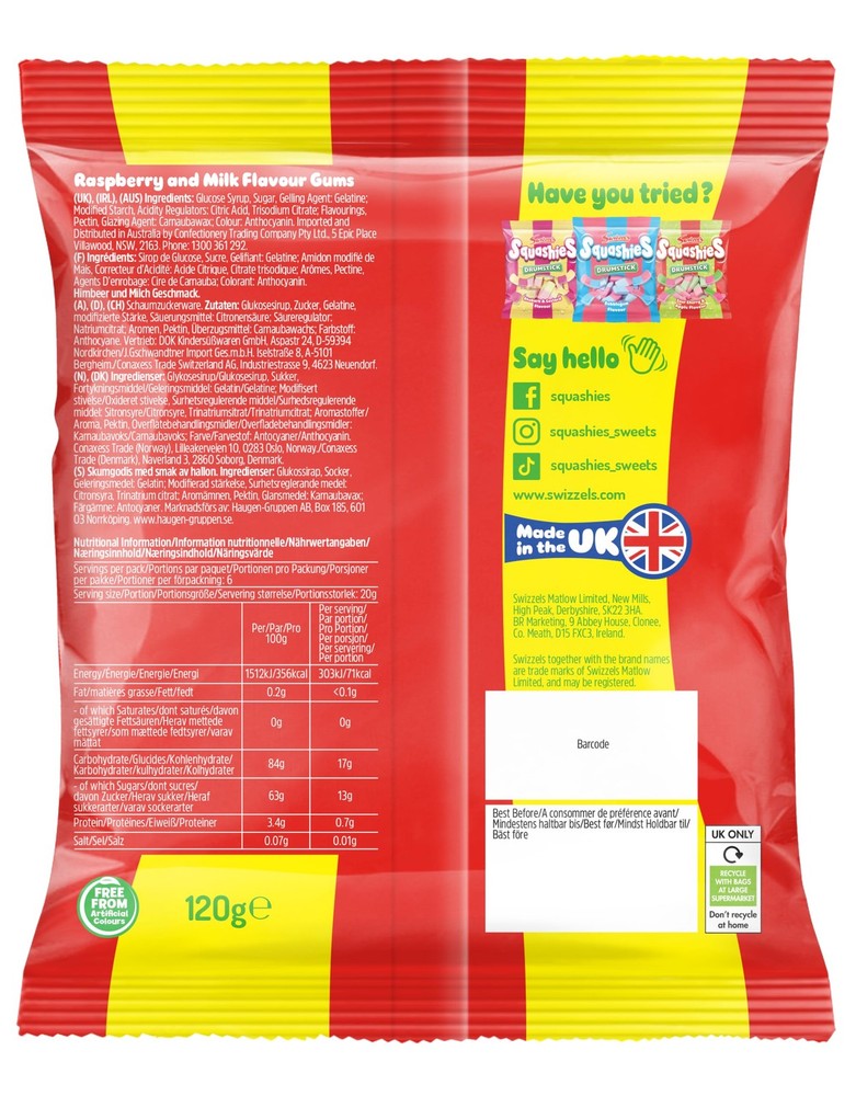 Swizzels Matlow Squashies Drumsticks Raspberry Milk Flavour 1 Pack Sweets