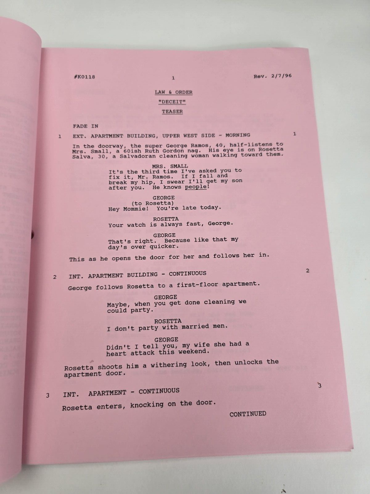 LAW & ORDER / Rene Balcer 1996 TV Script, Peter Riegert & Tom O'Rourke "Deceit"