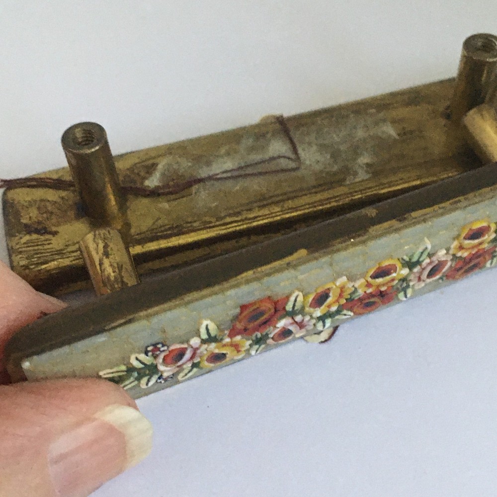 RARE ANTIQUE MICRO MOSAIC PAIR SOLID BRASS DRAWER CABINET PULLS HANDLES 1"X4"